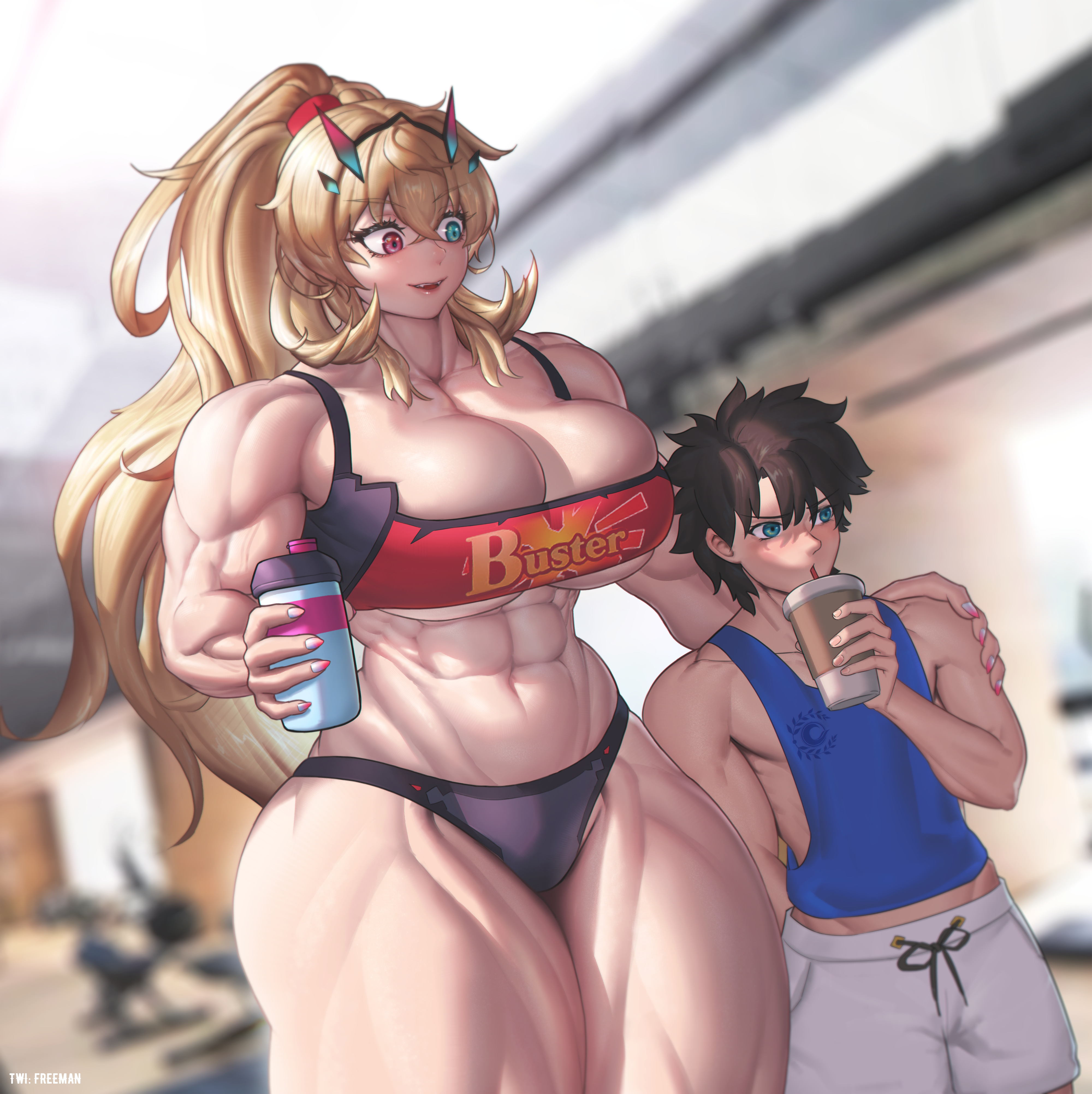 The colossal and intensely muscular Barghest stands two heads taller than Ritsuka Fujimaru.  She wears a black sports bra with a red-orange panel in front reading 'Buster' alongside matching panties.  Ritsuka wears a blue tank top and white shorts.  He blushes while sipping a drink through a straw, while Barghest holds his shoulder with a supportive smile on her face.